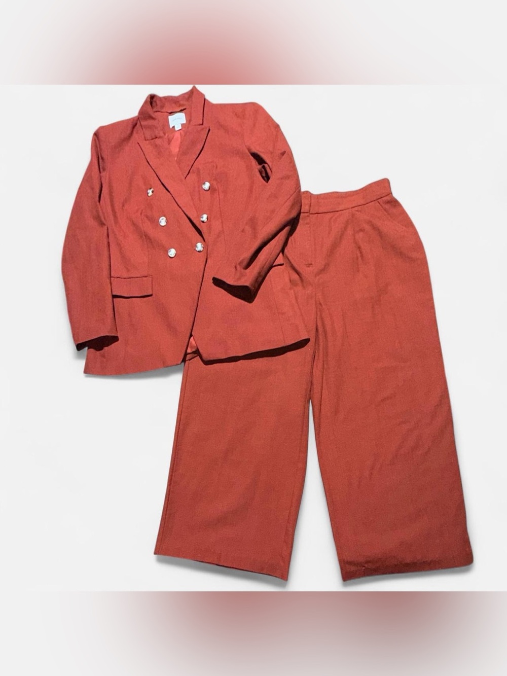 Nine West Rust-Red Double-Breasted Blazer with Wide-Leg Pants